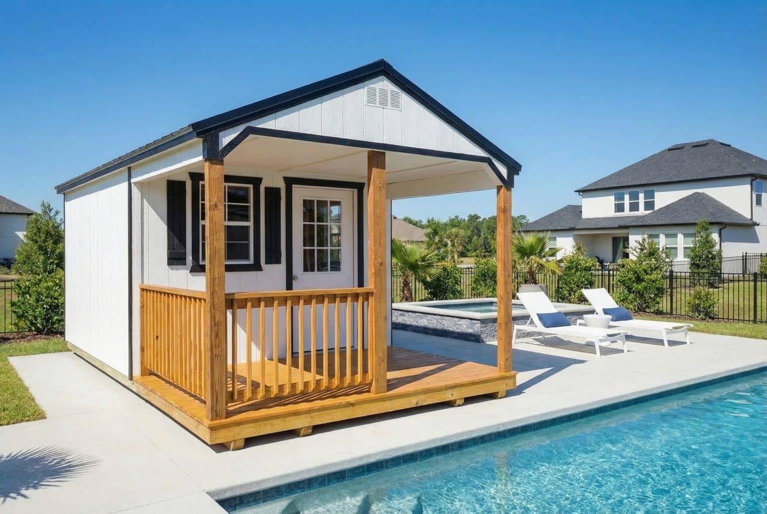 white pool house by pool 5