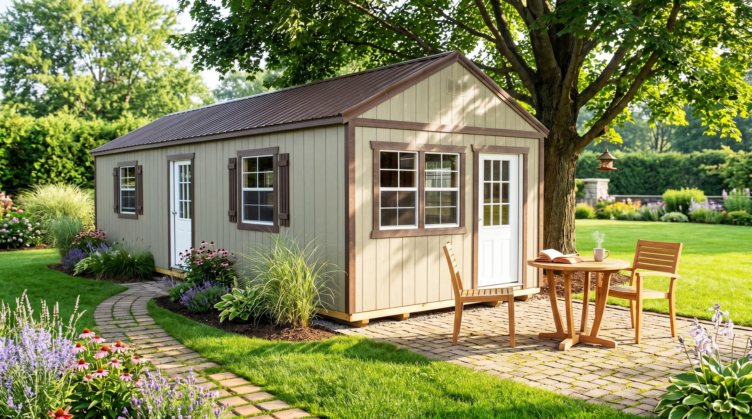 A Timberline Barns cottage-style shed with table, chairs, patio and walkway