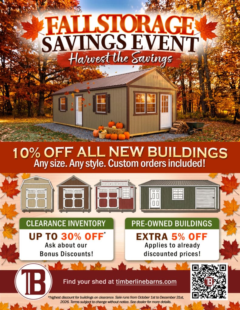 Promotional flyer for the Timberline Barns Fall Storage Savings Event. A tan utility shed with brown trim and a metal roof sits among autumn trees, with pumpkins, hay bales and firewood beside it. Large text announces 10% off all new buildings, any size or style, custom orders included. Boxes below highlight up to 30% off clearance inventory and an extra 5% off pre-owned buildings, with line drawings of four shed styles over a border of fall leaves.