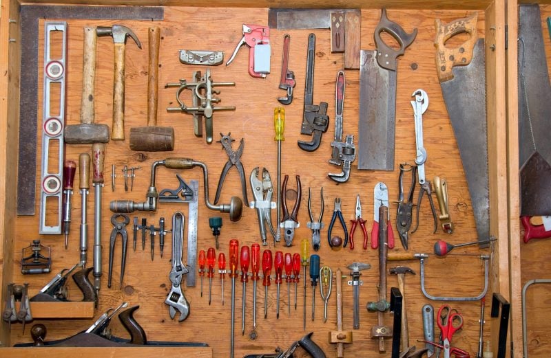 Woodworking tools in a storage shed